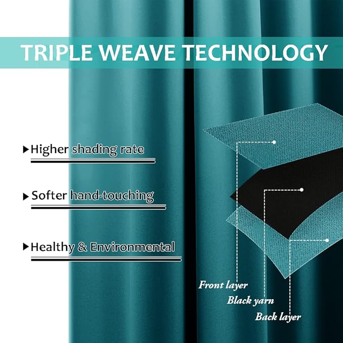 NICETOWN Peacock Teal 100% Blackout Lined Curtains, 2 Thick Layers Narrow Wide - Image 6