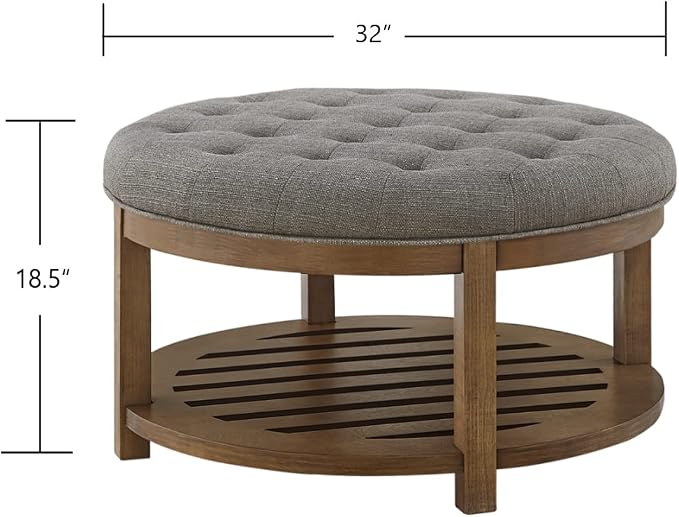 24KF Large Round Upholstered Tufted Linen Ottoman Coffee Table, Large Footrest - Image 2
