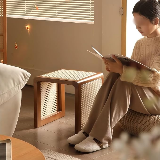 Japanese Style Wood Rattan Stool, Small Space Shoe Bench, Night Stand - Image 6