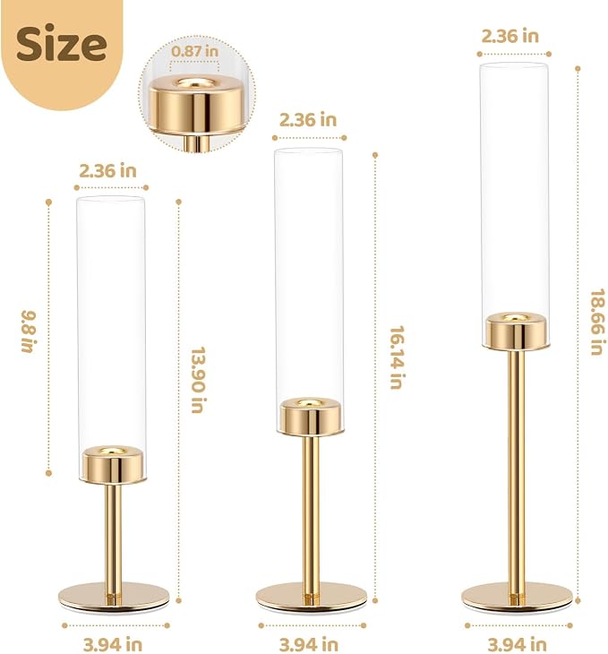 Gold Hurricane Candle Holders Set of 6, Tall Metal Windproof Glass Taper Candle - Image 2