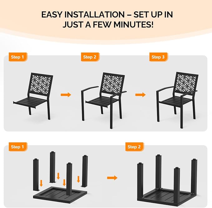 VINGLI 3-Piece Outdoor Bistro Set, Stackable Modern Metal Steel Table and Chairs - Image 6