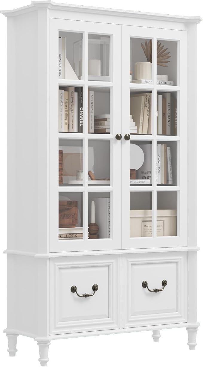 QUW 63" Tall Bookshelf with Glass Doors and Solid Wood Legs, Modern Book Shelf by QUW