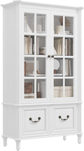 QUW 63" Tall Bookshelf with Glass Doors and Solid Wood Legs, Modern Book Shelf by QUW