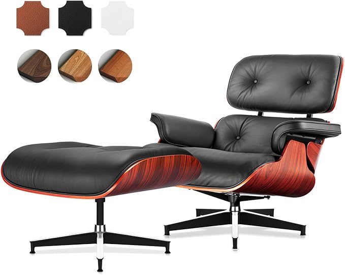 Top Black Grain Leather, Mid Century Chaise Lounge Chair and Ottoman, Modern by MakeHomeBetter