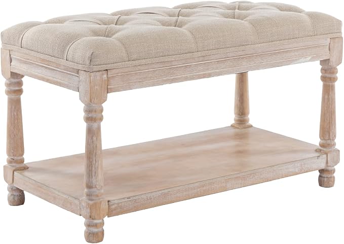 Farmhouse Storage Bench Wooden Entryway Linen Upholstered Ottoman Button Tufted - Image 7