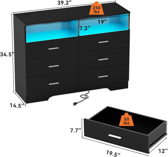FJTJBSI Dresser with Power Outlets and LED Lights Wooden 6 Drawer Dresser with - Image 3