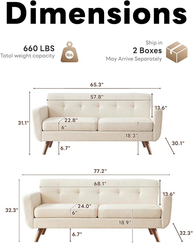 Tbfit Mid Century Modern Sofa Couch, Loveseat & Standard Sofa | linen fabric - Image 2