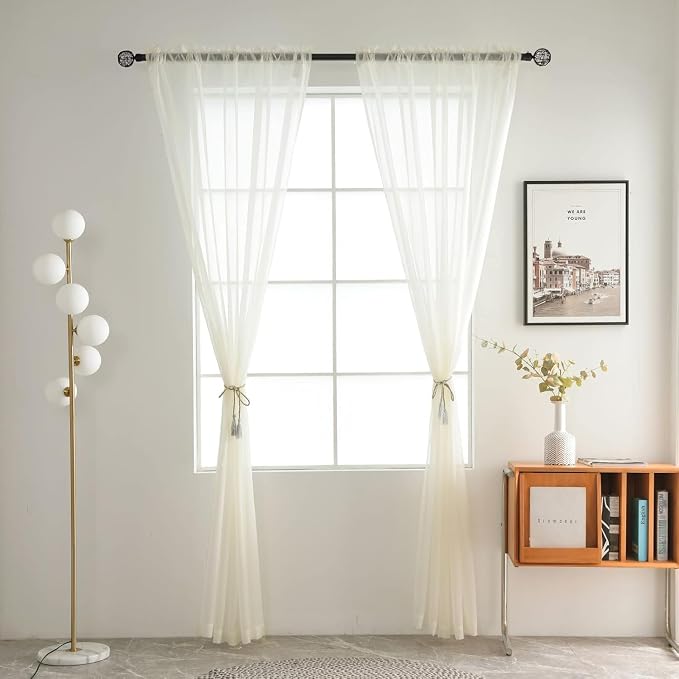 SpaceDresser Ivory Sheer Curtains 4 Panels Rod Pocket Semi-Sheer Curtain 84 - Image 3
