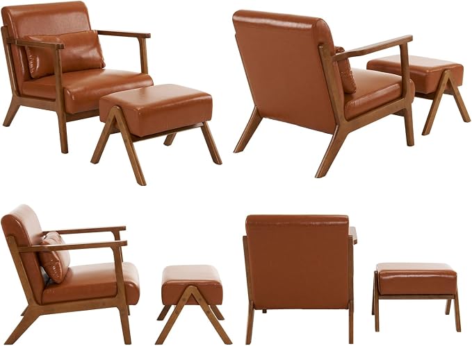 Accent Chair and Ottoman Set, Mid-Century Modern Faux Leather Armchair - Image 9