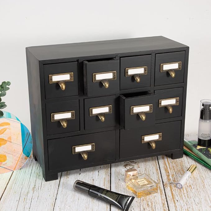 Apothecary Cabinet with 10 Drawers & Labels Rustic Library Card Catalog Cabinet - Image 4
