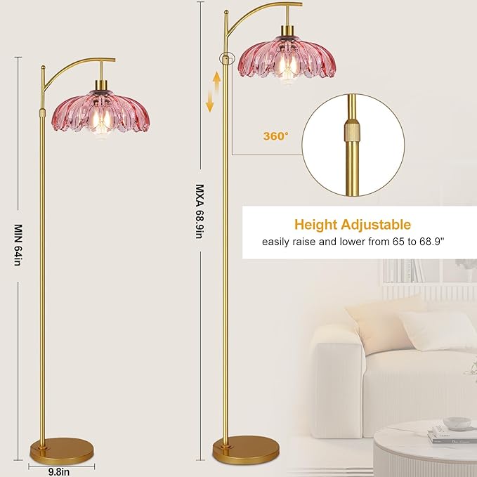 QIYIZM Pink Floor Lamp for Living Room, Mid Century Modern Brass Tall Lamp Boho - Image 5