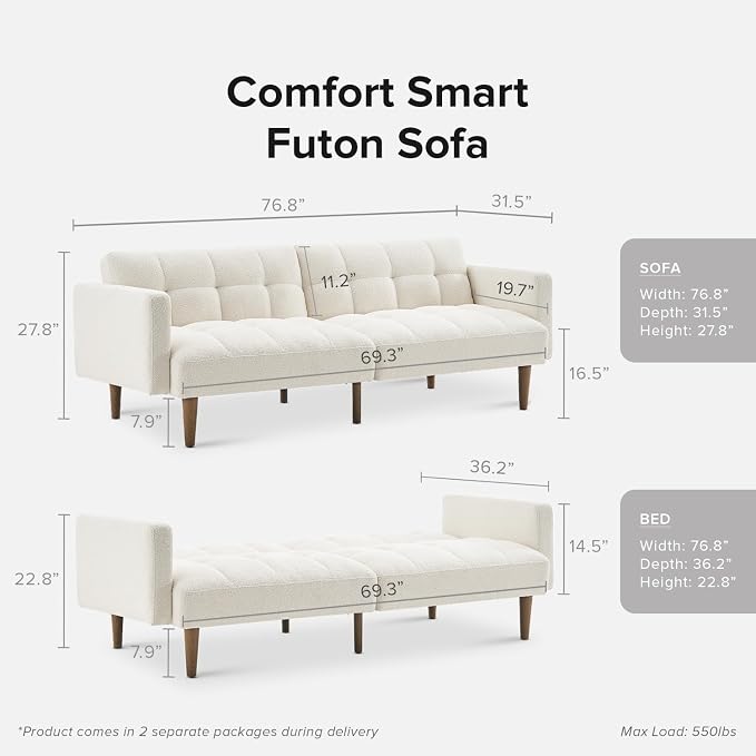 mopio 76.4" Futon Sofa Bed, Sleeper Sofa, Mid Century Modern Futon Couch - Image 2
