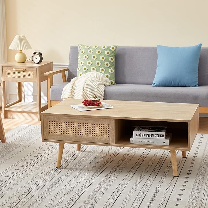 Rattan Center Table and Nightstand Set, 3-Piece Wood Living Room Table Set - Image 2