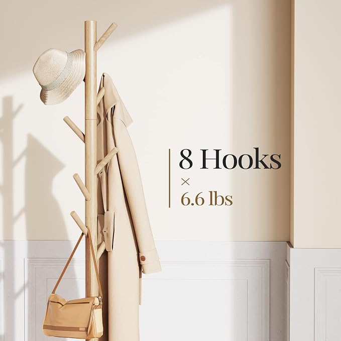 Pipishell Coat Rack Sturdy Wooden Coat Rack Stand, Adjustable Coat Tree - Image 2