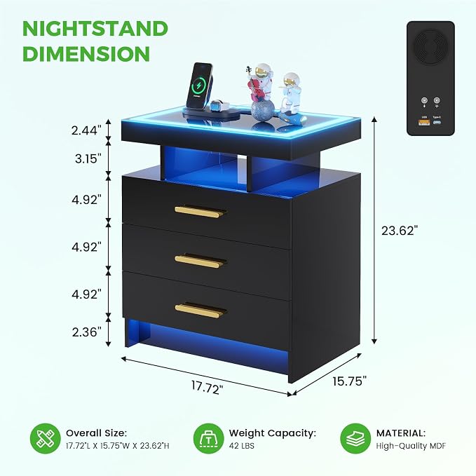 HNEBC LED Nightstand with Charging Station, Smart Bedside Table with Motion - Image 2