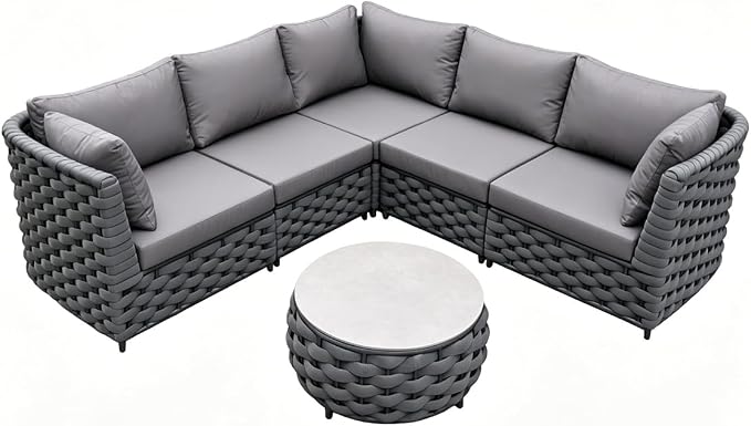 TWT Dark Gray 6-Piece Modular Outdoor Sectional Sofa Set, 5-Seater Woven Rope by TWT