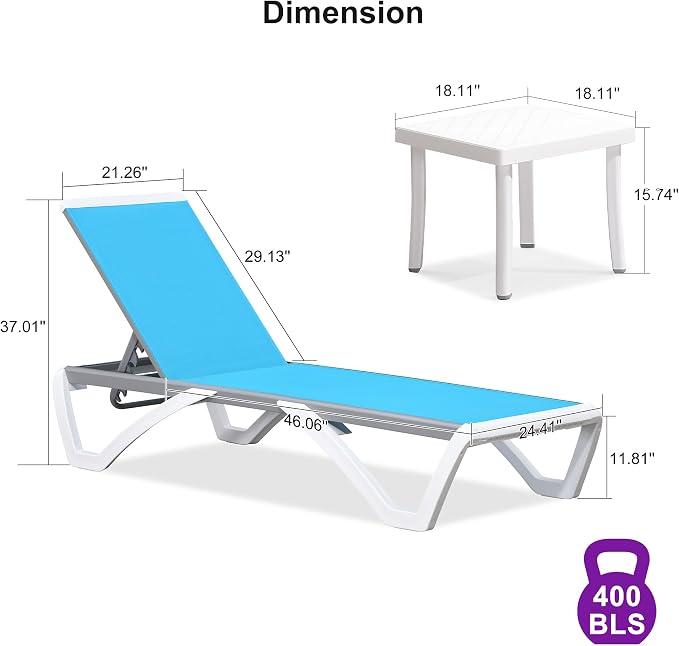 PURPLE LEAF Patio Chaise Lounge Chair Set of 3 Outside Aluminum Plastic - Image 2