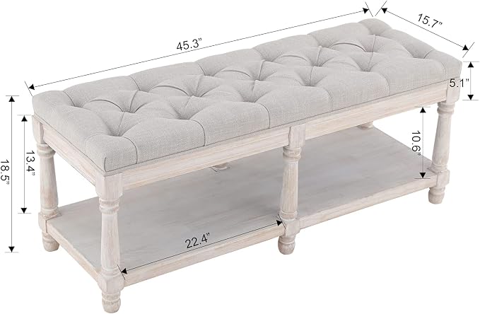 Farmhouse Storage Bench Wooden Entryway Upholstered Tufted Ottoman Bench - Image 2