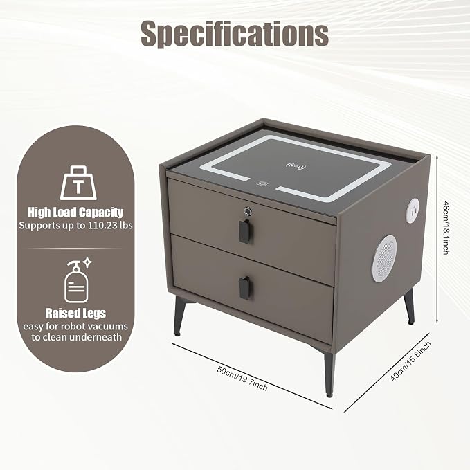 Smart Nightstand with Charging Station, Adjustable LED, USB Ports, Fingerprint - Image 2