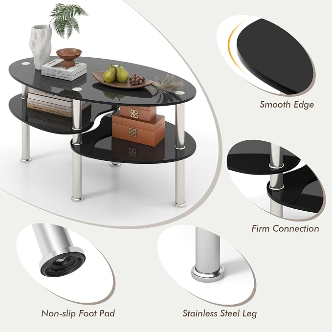 Tangkula Glass Coffee Table, 2-Tier Modern Oval Smooth Glass Tea Table End Table - Image 5