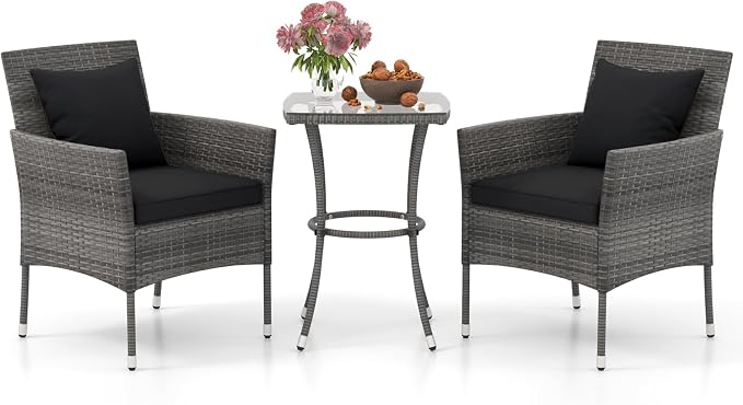 Tangkula 3-Piece Patio Furniture Set, PE Wicker Conversation Bistro Set w/A by TANGKULA