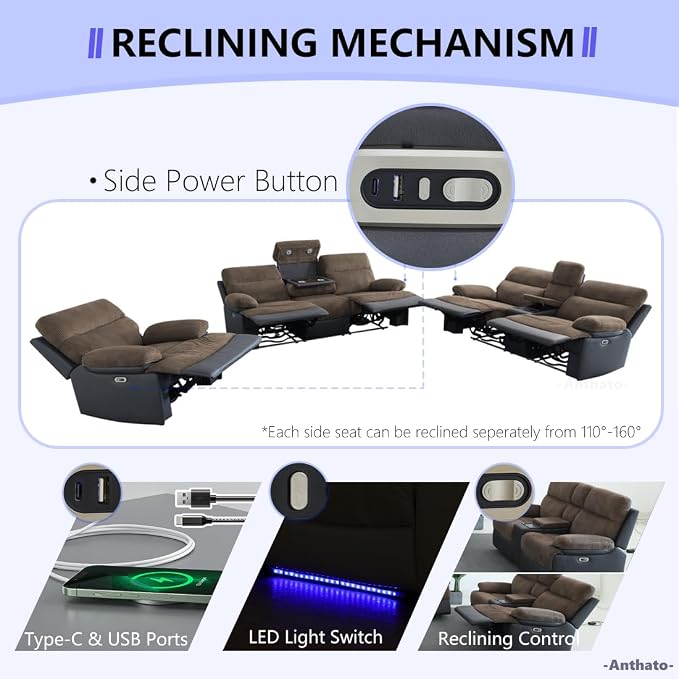 Fabric Power Reclining Sofa Set, Living Room Furniture Sets, Recliner Loveseat - Image 7