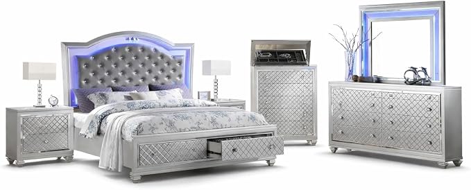 First of a Kind Shiney Contemporary 5 Piece King Bedroom Set High Gloss Silver - Image 2