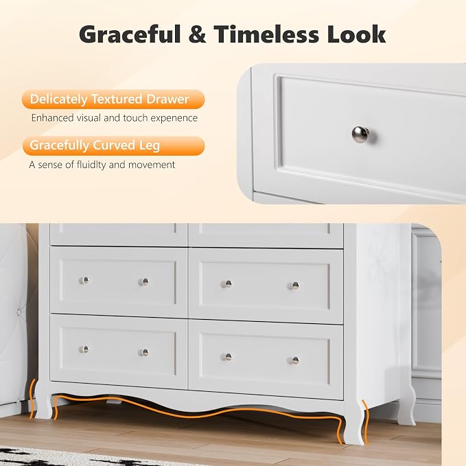 VINGLI White Dresser 6 Drawer, Wood Dresser Chest of Drawers, Clothes Dressers - Image 3