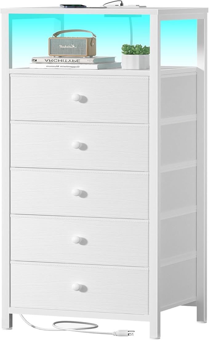 BOLUO White Dresser with 5 Drawers Tall Nightstand with Charging Station and by BOLUO