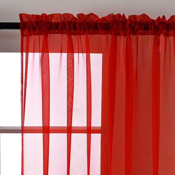 SpaceDresser Sheer Red Curtains 4 Panels Rod Pocket Semi-Sheer Curtain 63 - Image 3