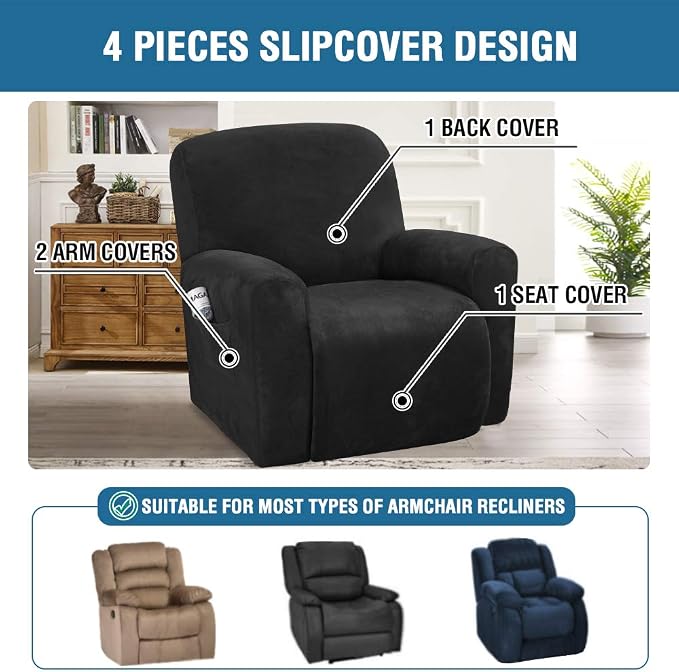 H.VERSAILTEX Velvet Stretch Recliner Couch Covers 4-Pieces Style Recliner Chair - Image 2