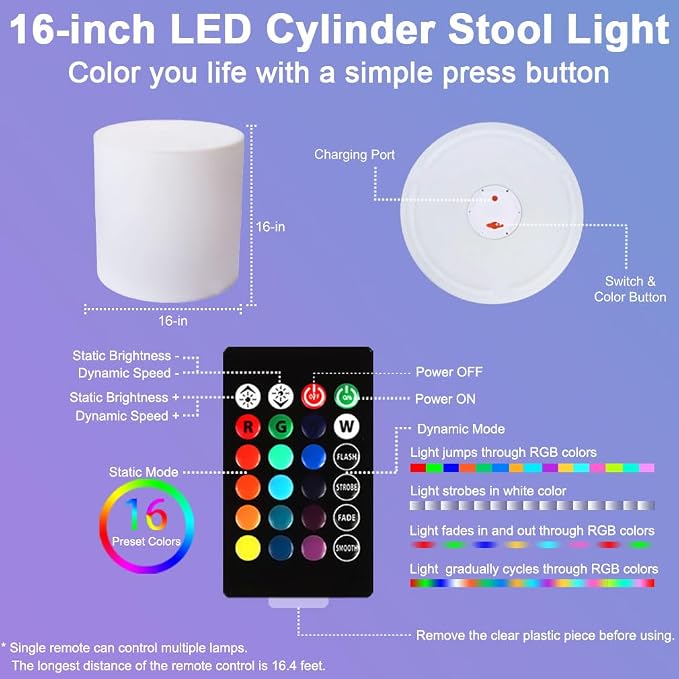 16-inch LED Cylinder Stool, Rechargeable Glowing Chair w/Remote, Dimmable 16 - Image 9