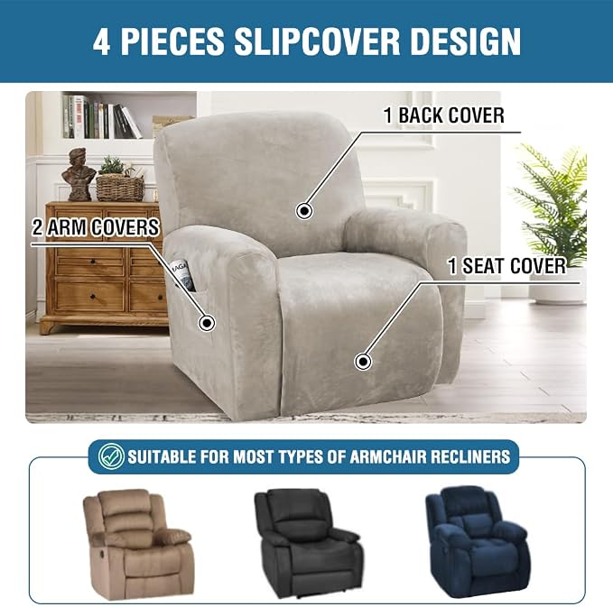 H.VERSAILTEX 4-Pieces Recliner Chair Covers Velvet Stretch Reclining Couch - Image 2