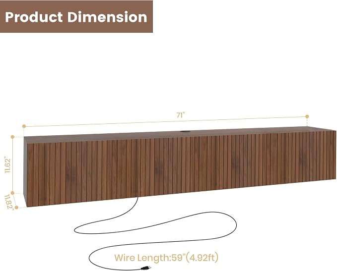71” Floating TV Stand with LED Lights & Charging Station, Wall Mounted - Image 7