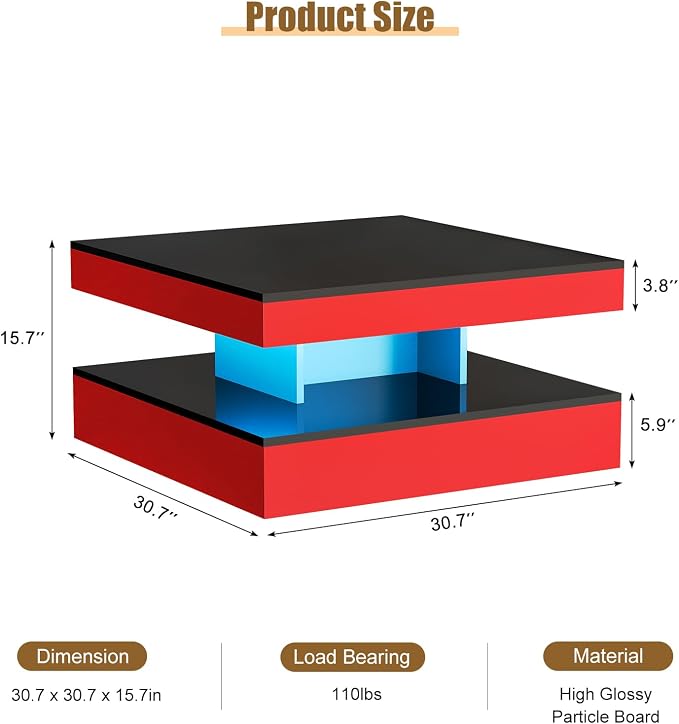 HedoAjim Red LED Coffee Table for Living Room, Living Room Table 2-Tier Square - Image 2