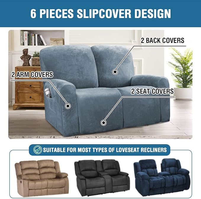 H.VERSAILTEX Velvet Stretch Recliner Couch Covers 6-Pieces Recliner Loveseat - Image 2
