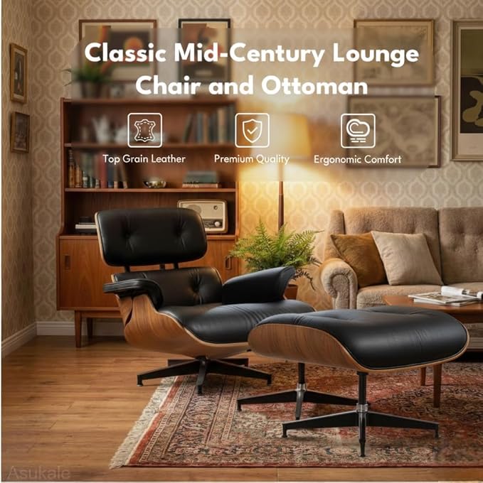 Top Black Grain Leather, Mid Century Chaise Lounge Chair and Ottoman, Leather - Image 4
