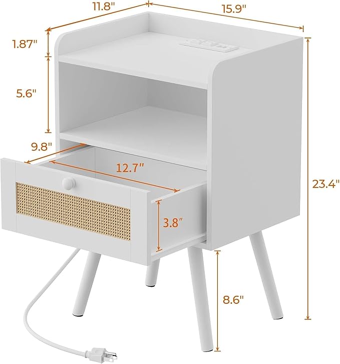 SUPERJARE Nightstand with Charging Station & Rattan-Like Decor Drawer, Rattan - Image 3