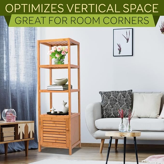 SereneLife 5-Tier Bamboo Bathroom Storage, Corner Slim Rack Cabinet Organizer - Image 3