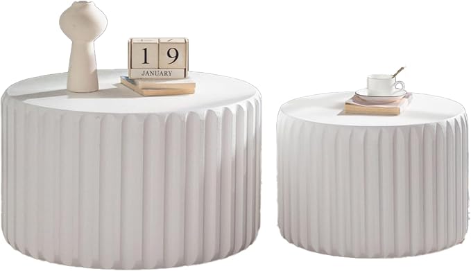 46.46'' White Round Coffee Table Set of 2, Modern Circle Fluted Drum Nesting - Image 7