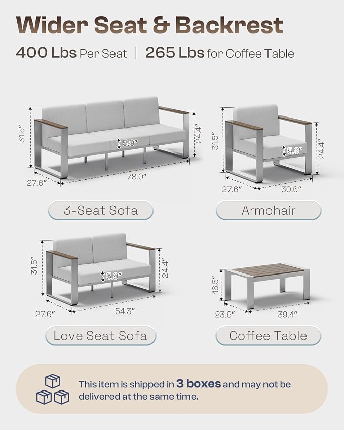 Outdoor Aluminum 3-Seat Sofa, Modern Patio Patio Furniture - Image 6