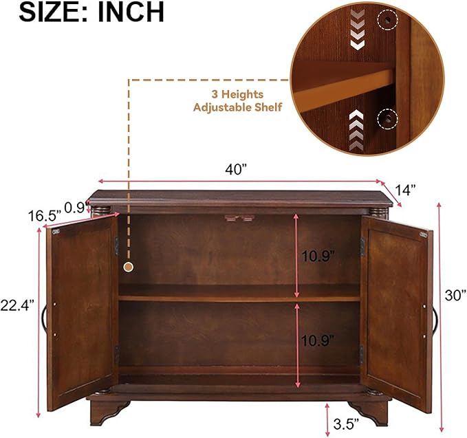40" Solid Wood Buffet Storage Cabinet, Vintage Console Table - Image 3