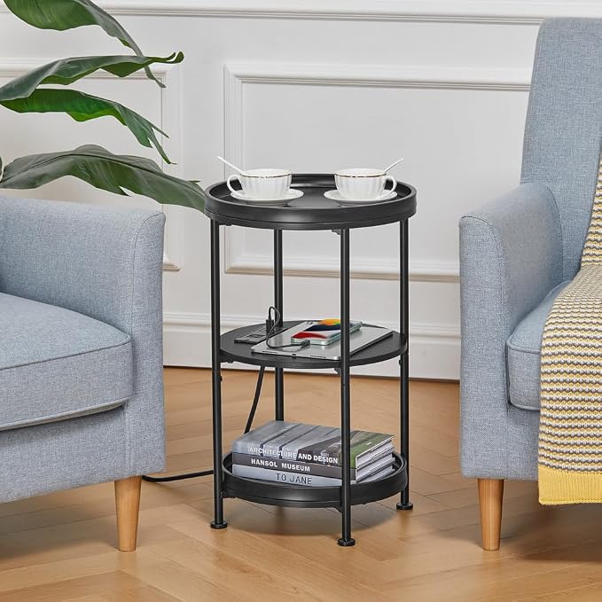 Dulcii Round Side Table with Charging Station, Bedroom Nightstand with Steel - Image 4