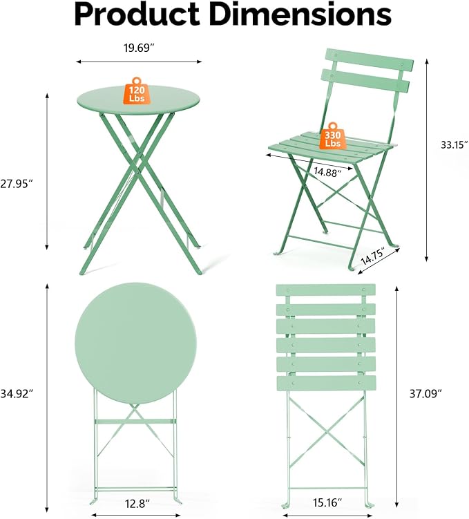 VINGLI Outdoor Folding Bistro Table and Chairs Set of 2, 3-Piece Bistro Set - Image 2