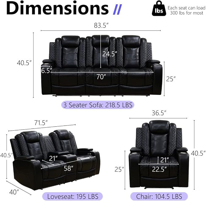 Power Recliner Sofa Set, Living Room Furniture Sets, Luxury Reclining Loveseat - Image 2