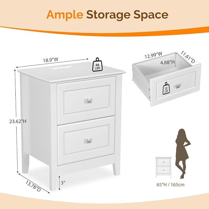 Bonnlo White Nightstand with Charging Station Night Stand White Wood Nightstand - Image 2