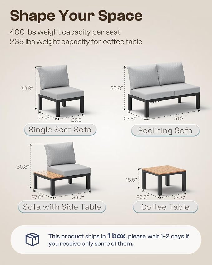 Aluminum Outdoor Patio Sofa Set, 2 Seats Modular Sectional Reclining Loveseat - Image 8
