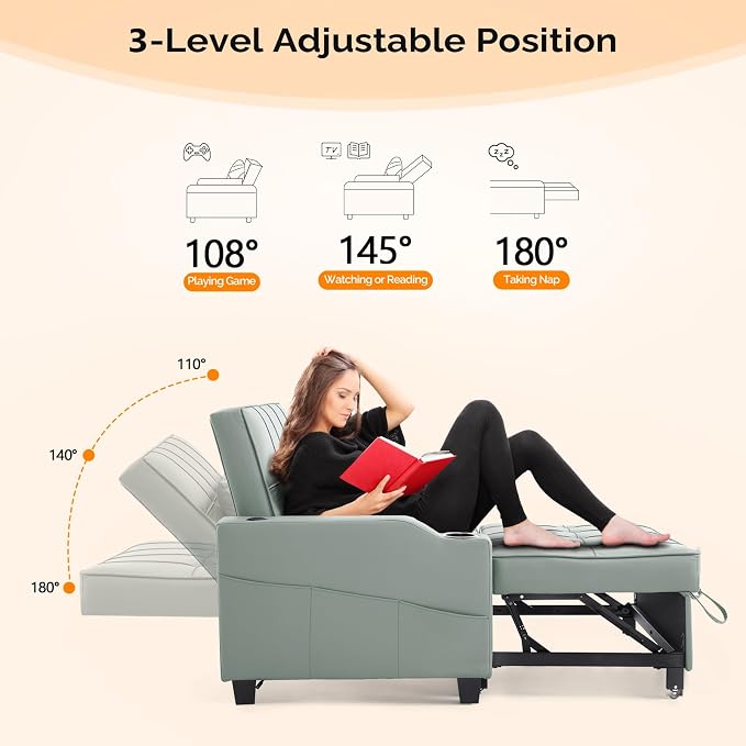 VINGLI Green Futon Sofa Bed Convertible Loveseat Sleeper Couch, Faux Leather - Image 5