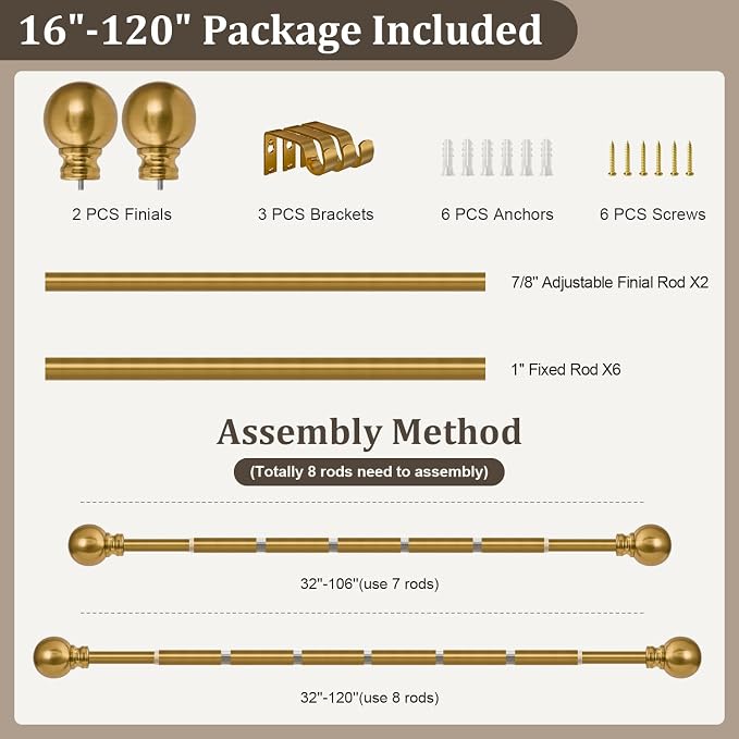 Modern Gold Curtain Rods for Windows 66 to 120 Inch Long Heavy Duty Brass - Image 9