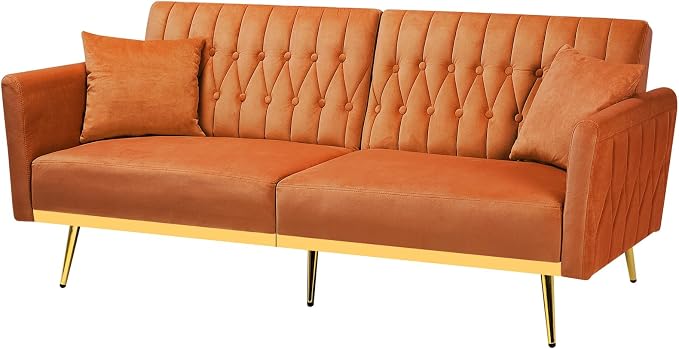 70” Velvet Futon Sofa Bed w/Adjustable Armrests & 2 Pillows, Convertible Futon - Image 8